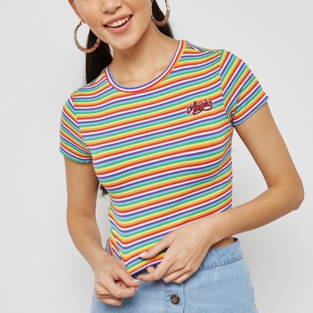 F21 Angel Embroidered Rainbow Striped Ribbed Crop Top